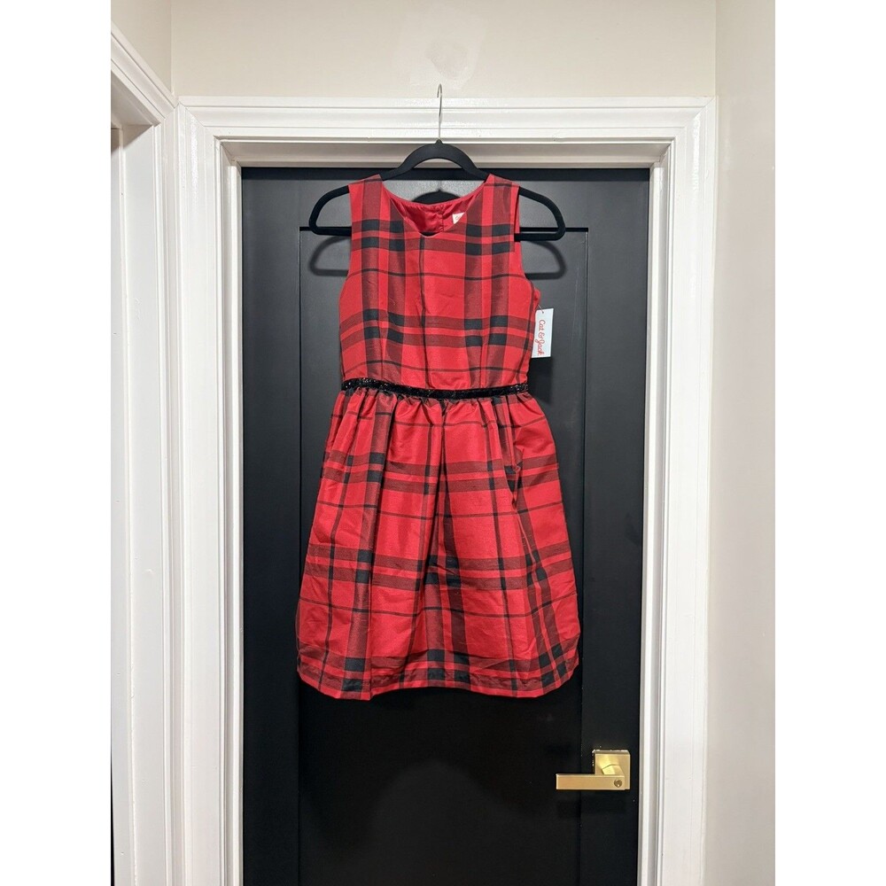 Cat & Jack NWT Red And Black Plaid Sleeveless Holiday Dress Girl's Size XL